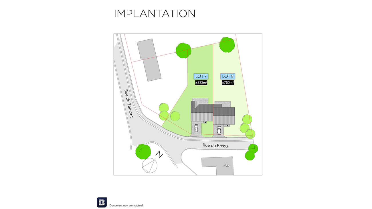 Un plan de situation montrant deux lots de propriété, LOT 7 (345 m²) et LOT 8 (375 m²), avec les bâtiments, les arbres et les routes environnantes étiquetées Rue de Ziment et Rue du Bossu. Le nord est indiqué sur le plan.