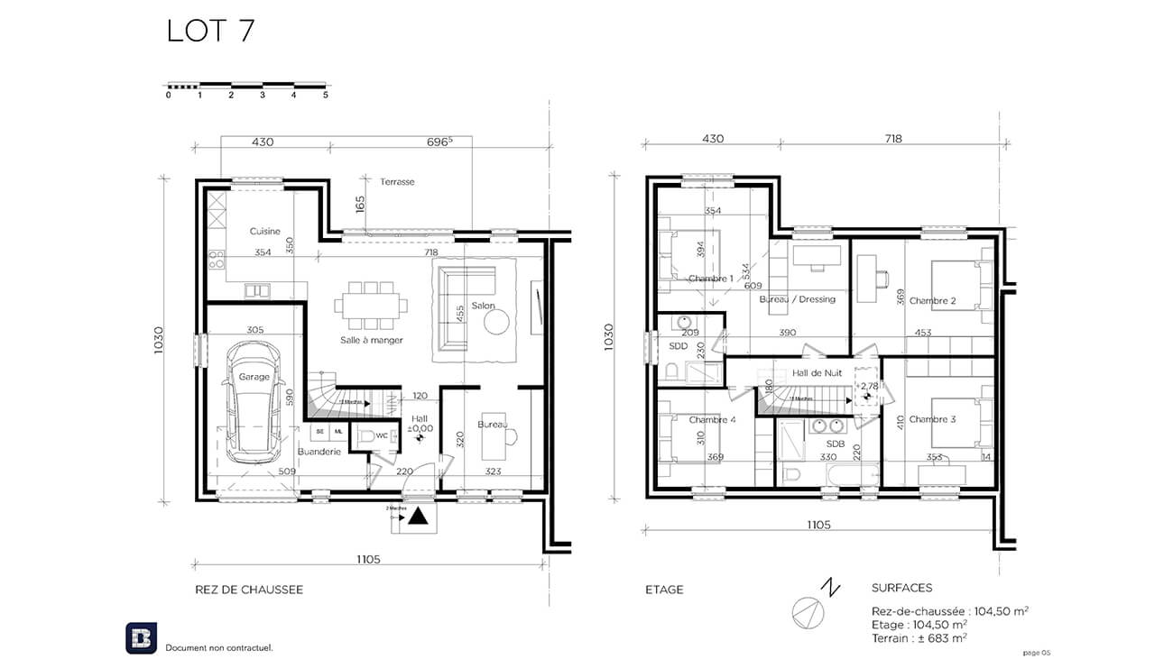 Plan en noir et blanc d'une maison à deux étages étiquetée LOT 7, montrant le rez-de-chaussée et les étages supérieurs avec les pièces comprenant le garage, la cuisine, le salon, les chambres, les salles de bains, la terrasse, et les mesures étiquetées en mètres.