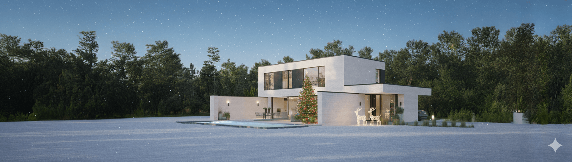Moderne nieuwbouwwoning met grote ramen, omringd door sneeuw en bomen in de schemering. Een versierde kerstboom staat bij het zwembad, met buitenmeubilair op de patio. De lucht is helder met sterren die erboven schijnen.