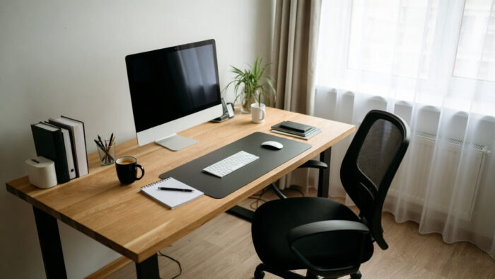 Een opgeruimd thuiskantoor met een houten bureau, computer, toetsenbord, muis, notitieblok, pen, koffiekopje, potplant, boeken en een bureaustoel, naast een raam met transparante gordijnen. Natuurlijk licht vult de kamer.