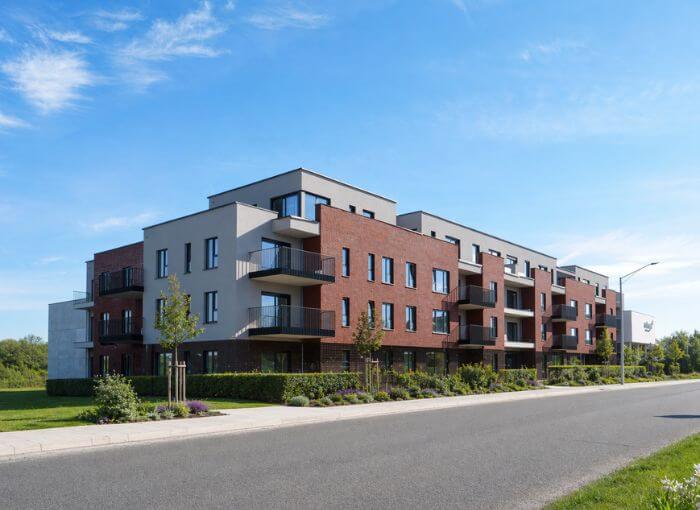 Immeuble d'appartements moderne de trois étages, en briques rouges et bardage gris clair, doté de balcons, de grandes fenêtres, de petits arbres aménagés dans un espace vert, avec un ciel bleu limpide en arrière-plan.