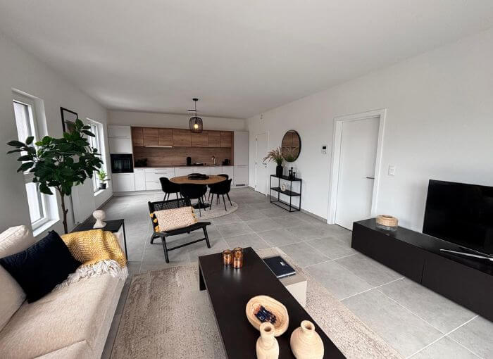 Salon et cuisine modernes, avec une décoration aux tons neutres, un sol en carrelage gris, un canapé beige, une table à manger noire, une télévision posée sur un meuble bas, de grandes fenêtres, des plantes et des accessoires minimalistes.