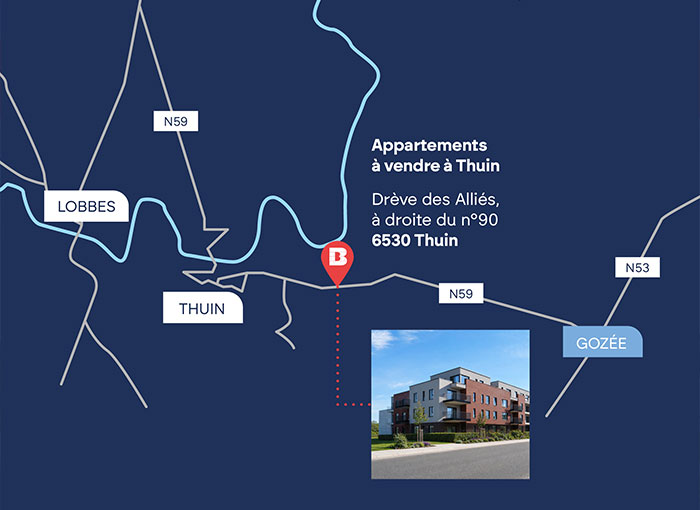 Carte indiquant la localisation des appartements à vendre à Thuin, Belgique, près de la Drève des Alliés, à droite du n° 90, avec une photo d'un immeuble à appartements moderne et les villes voisines étiquetées Thuin, Lobbes et Gozée.