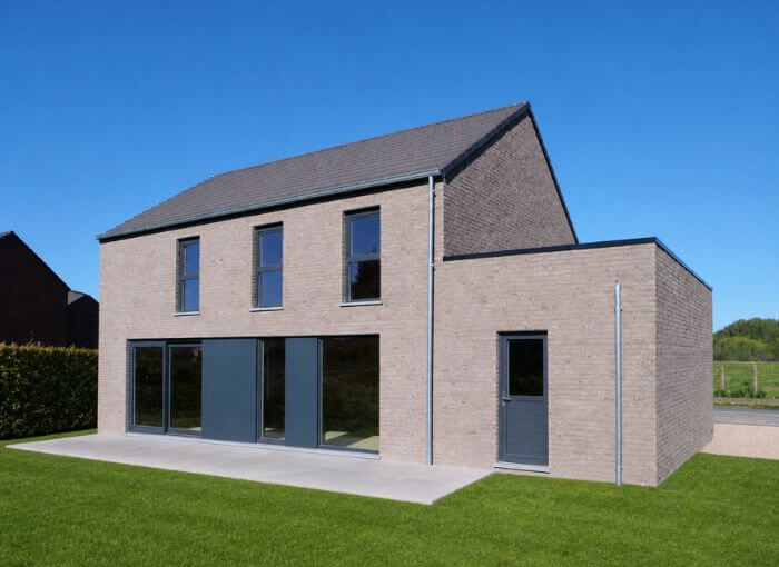 Une maison moderne à deux étages, avec une façade en briques gris clair, de grandes fenêtres et une extension aux lignes épurées, nichée au cœur d'une pelouse verte sous un ciel d'un bleu limpide.
