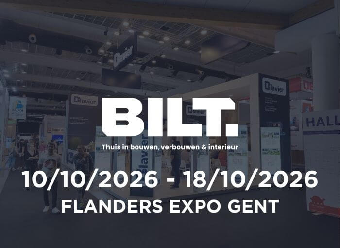 Une bannière promotionnelle pour BILT au Flanders Expo de Gand, indiquant les dates de l'événement du 10/10/2026 au 18/10/2026 et le slogan « Thuis in bouwen, verbouwen & interieur » sur fond de hall d'exposition.