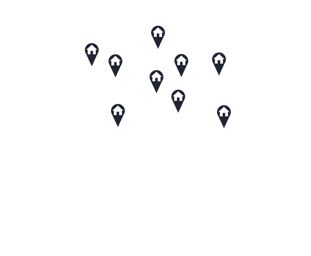 Een eenvoudige kaartschets met negen locatiepinnen, elk met een huisje erop, verspreid over verschillende regio’s.