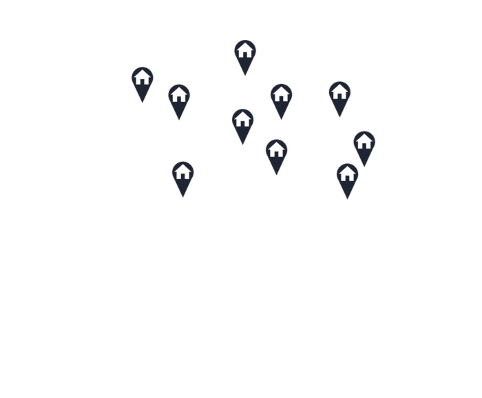 Een kaartschets met tien locatiepinnen, elk voorzien van een huisje, verspreid over verschillende regio’s.