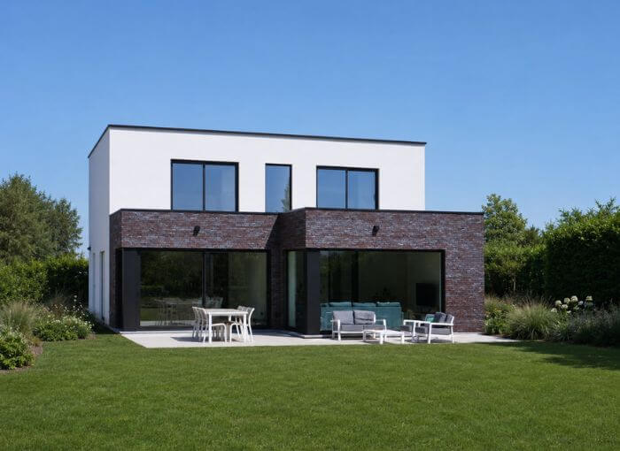 Une maison moderne à deux étages, dotée de grandes fenêtres, dont l'étage supérieur est blanc et l'étage inférieur en briques foncées. On y trouve du mobilier de jardin sur une terrasse, ainsi qu'une pelouse bien entretenue, avec en arrière-plan des arbustes verts et des arbres.